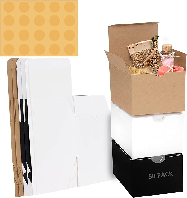 Belle Vous 50 Pack Brown, White & Black Kraft Gift Boxes - Measures 12 x 12 x 9cm (4.72 x 4.72 x 3.54 inches) - Easy Assemble Presentation Favour Present Box - Parties, Birthdays, Weddings, Holidays