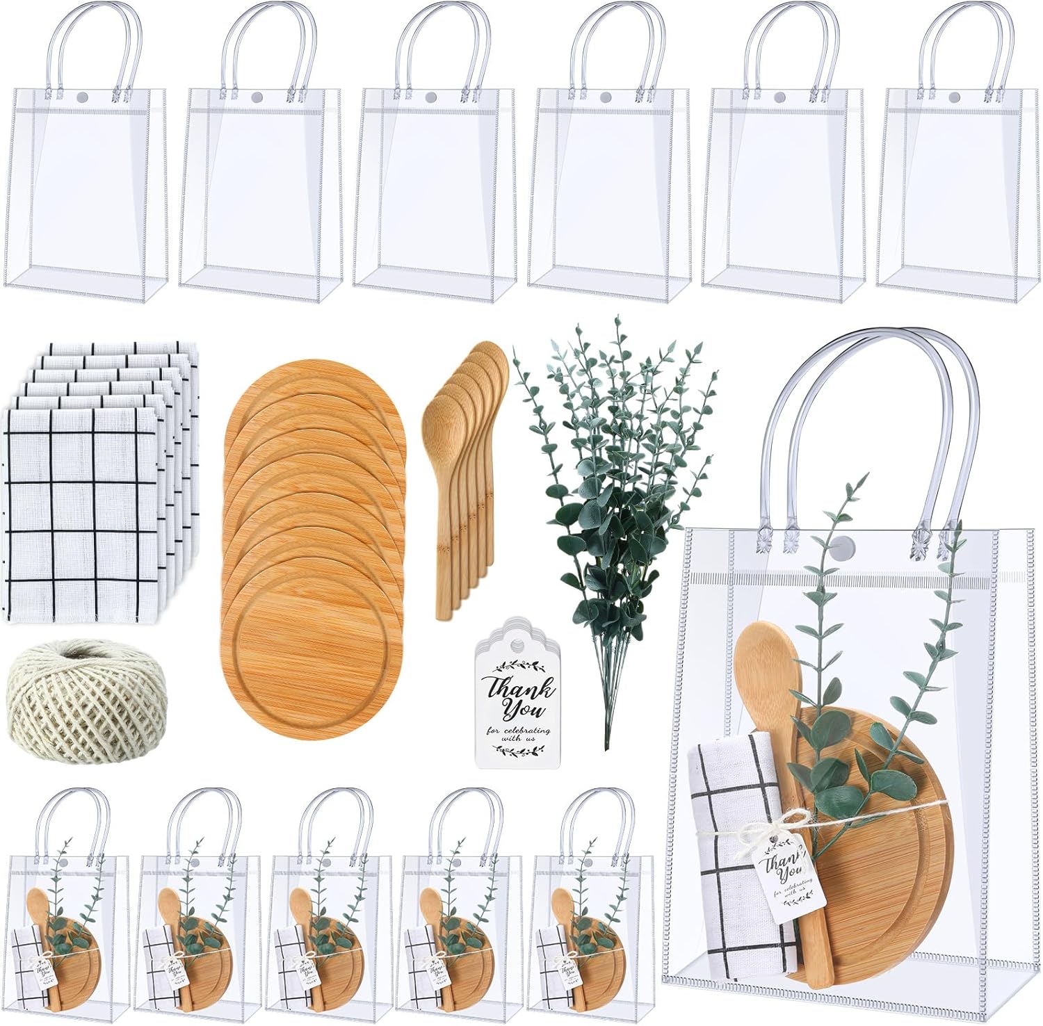 6 Sets Baby Shower Prizes for Game Player Baby Shower Winners Guest Gifts Bamboo Cheese Board Bamboo Spoon Plaid Towel Artificial Eucalyptus Stems Tag Bag for Wedding Bridal Favors(Round)