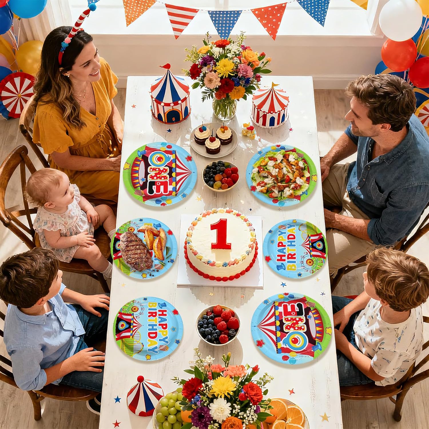 96Pcs Carnival Circus 1st Birthday Party Decorations Circus Clown Plates and Napkins Disposable Cartoon Tableware Set for Boys Girls One Year Old Birthday Baby Shower Party Supplies Serves 24