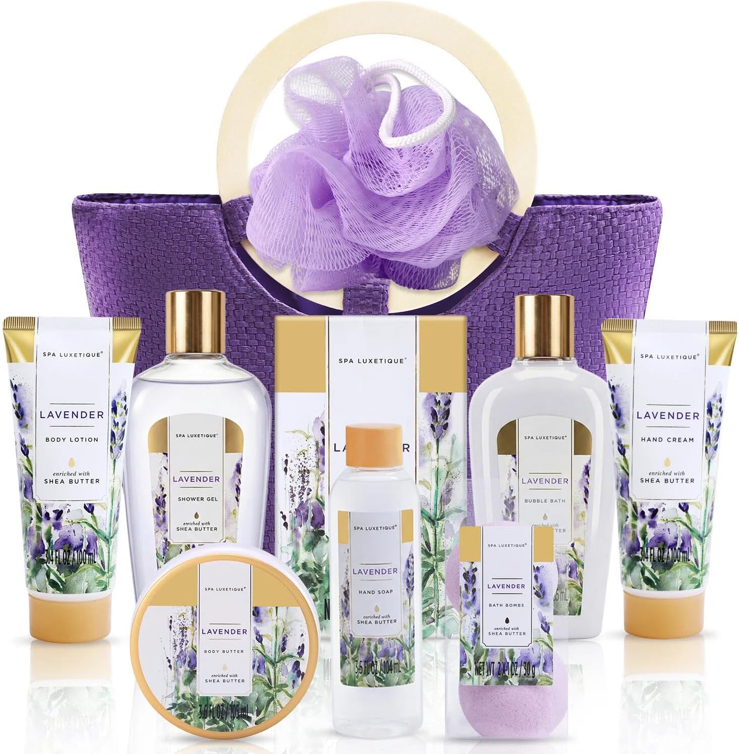 Spa Luxetique Lavender Spa Gift Baskets for Women, Premium 10pc Gift Baskets, Best Holiday Gift Set for Women - Deluxe Spa Tote Bag with Wooden Handle, Bath Salt, Hand Soap, Shower Gel and More!