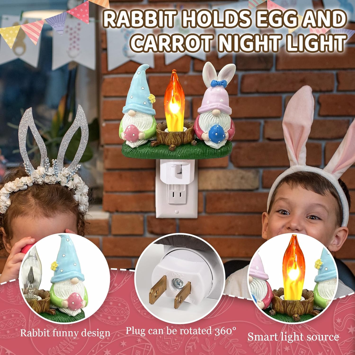 Gnomes Campfire Flickering Nightlight, Rabbit Night Light Plug into Wall Easter Night Light with Switch, Gnomes Decorations for Home (Easter Gnomes)
