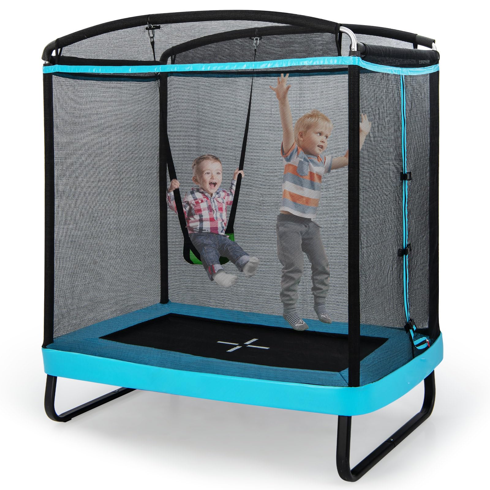 GLACER Toddler Trampoline, 6FT Rectangle Mini Trampoline with Swing & Safety Enclosure Net, Kids Trampoline Indoor Outdoor, Trampoline for Kids, Gift for Boys & Girls Ages 3+ (Blue)