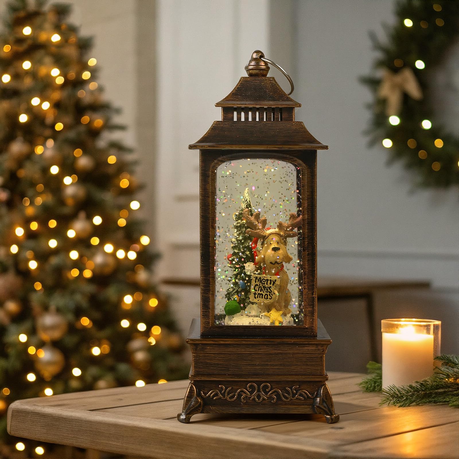 Gerbala Weihnachts Schneekugel Laterne, Schneekugel Weihnachten mit Musik, Weihnachts Schneelaterne, Leuchtend, USB/Batteriebetrieb, Laterne Weihnachten für Weihnachtsdeko und Geschenk-02