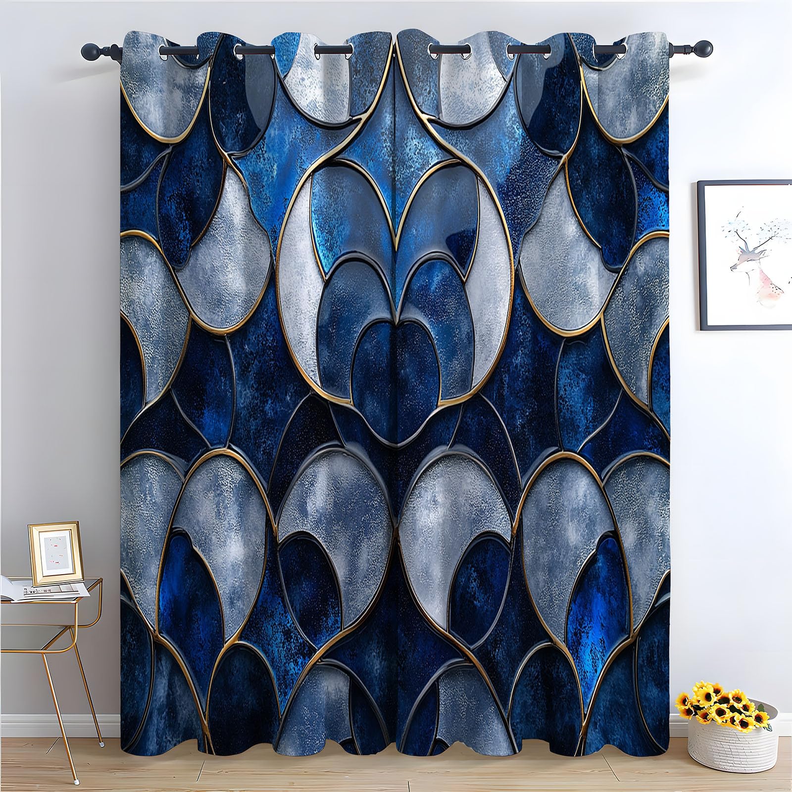 Vorhänge Blickdichte Retro - Blaues Buntglas mit Goldlinien Raumverdunklung, Vorhänge für Wohnzimmer und Schlafzimmer-H180 x B140 cm (2er Pack)