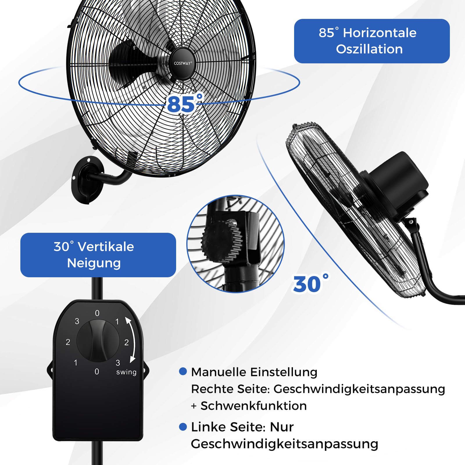 COSTWAY Wandventilator, industrieel 56 cm, 85 graden oscillatie en 30