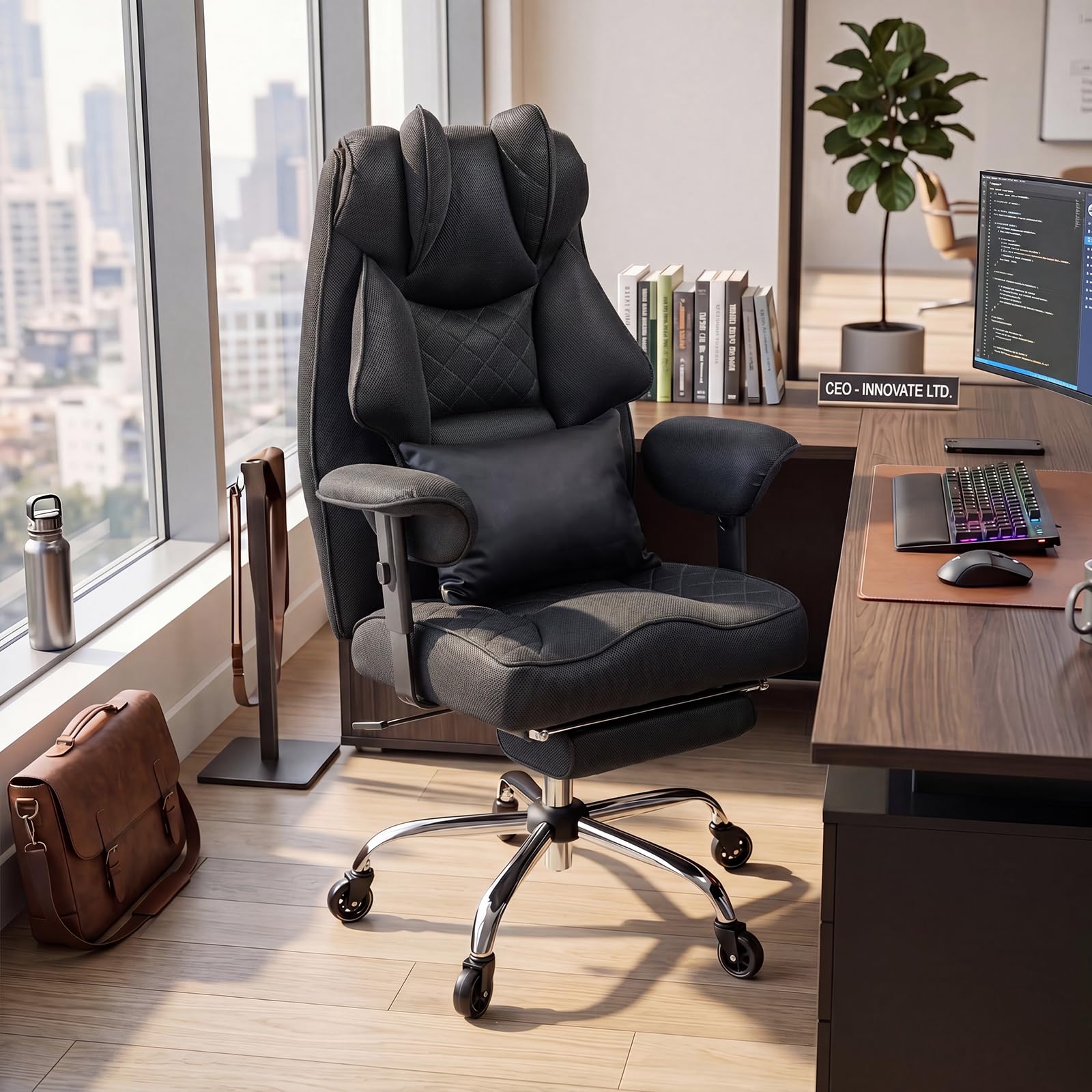 Ergonomischer Bürostuhl 200kg, XXL Chefsessel Fußstütze Homeoffice | XXL Schreibtischstuhl Ergonomisch, 90–135° Rückenlehne, W-Form Sitzkissen, Lendenkissen, Mesh Stoff Schwarz