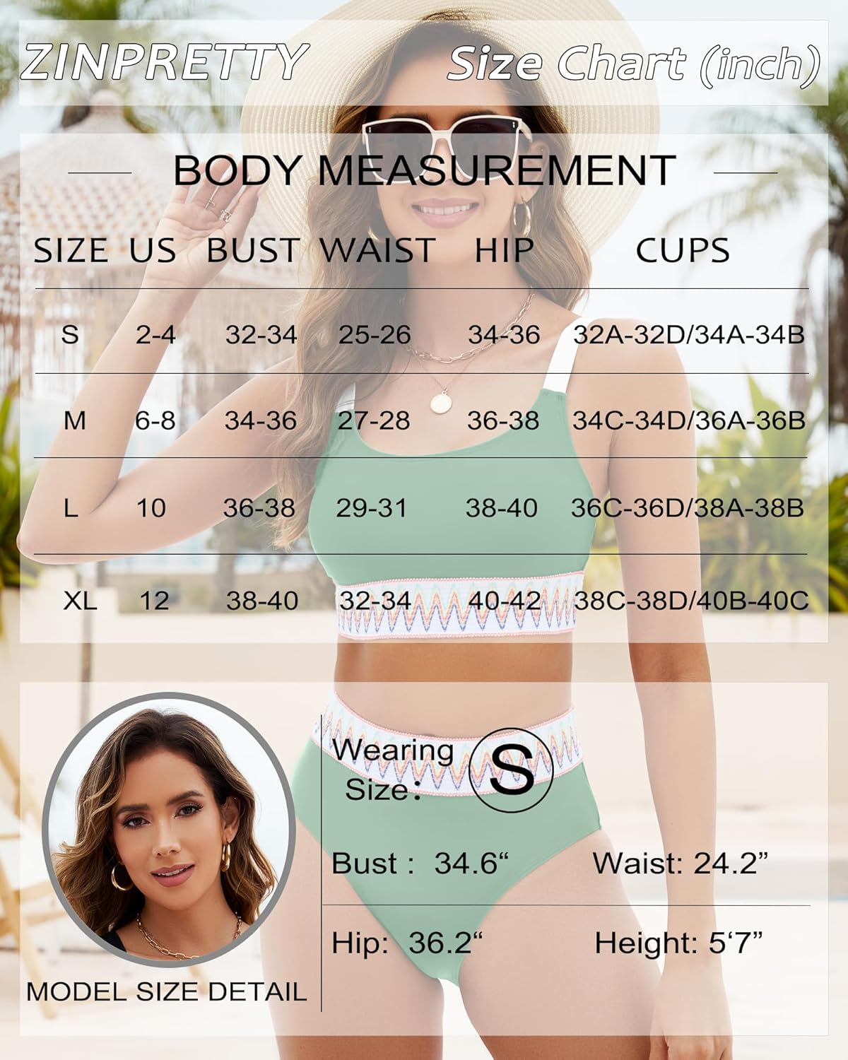 ZINPRETTY Women High Waisted Bikini Sets Color Block Swimsuits 2 Piece Bathing Suits Tummy Control Sporty Teens