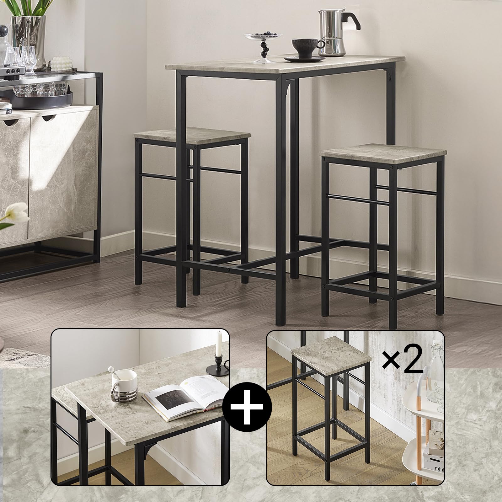 SoBuy Set Tavolo da Bar Alto con 2 Sgabelli - Tavolo Salvaspazio per Cucina Piccola e Balcone, Stile Industriale Moderno - Tavolino Alto da Esterno per Giardino o Terrazzo OGT10-HG