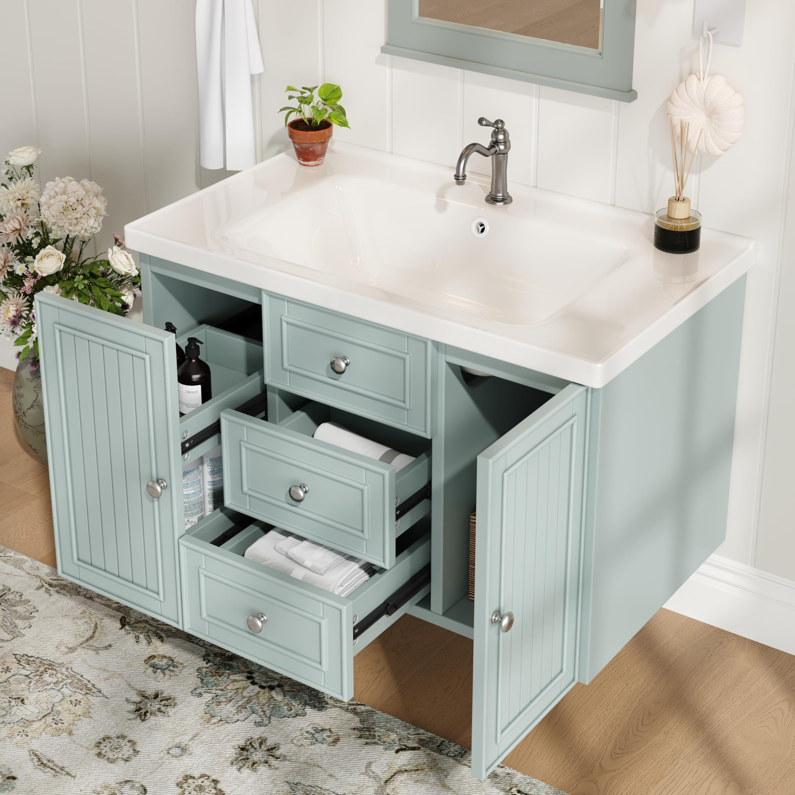 Mueble Baño de Pared con Lavabo y Almacenaje, Muebles de Baño con 3 Cajones y 1 Puerta, Lavabo con Mueble, Muebles Auxiliares Armario de Baño, 81x46x50.3 cm, Verde