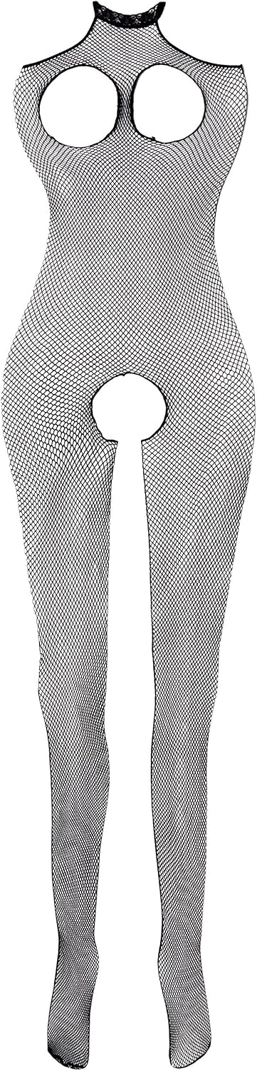 Leg Avenue womens Seamless Halter Peek-a-boo Fishnet Crotchless Bodystocking Lingerie Set, Black, Plus Size
