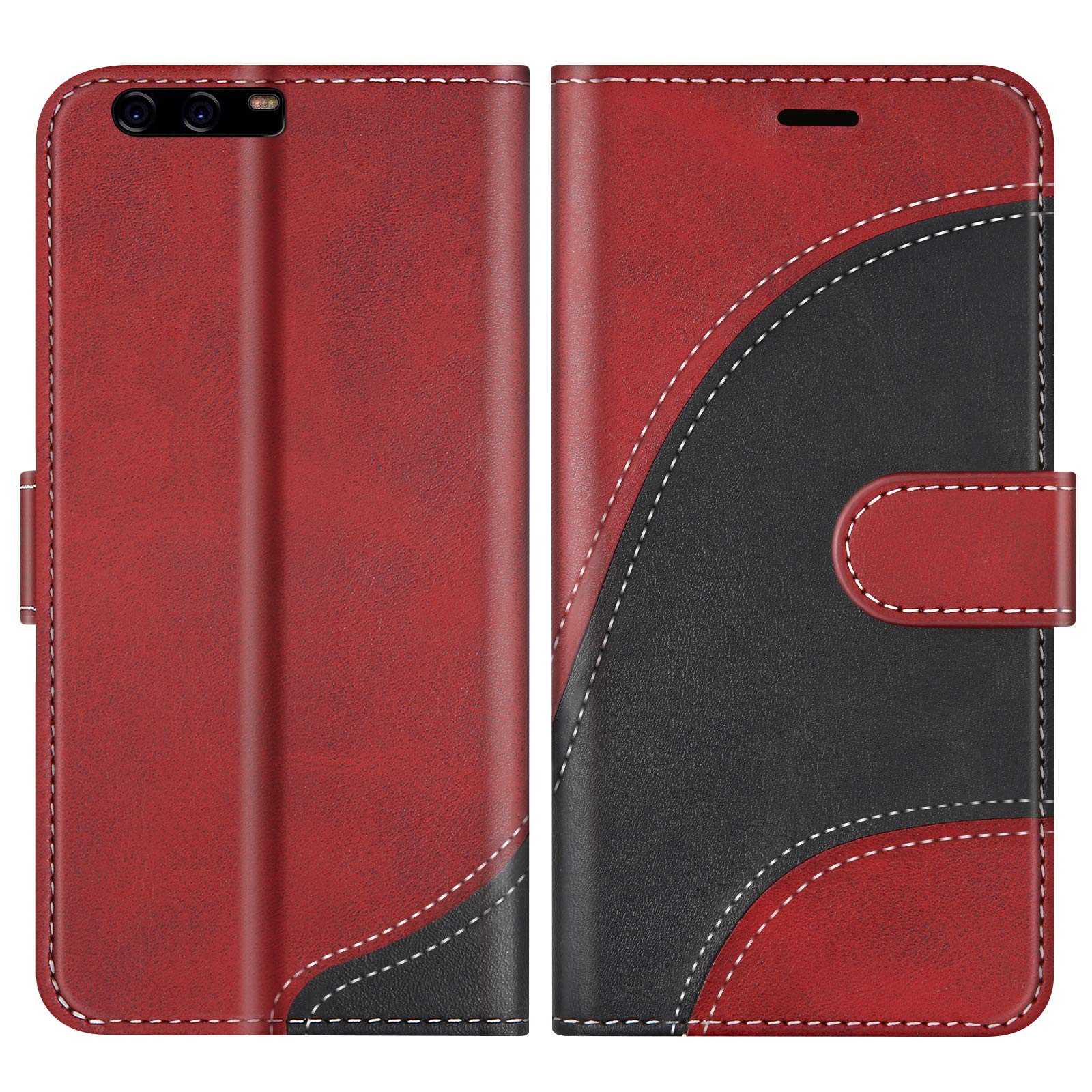 Bozon Leder-Hüllen Für Huawei P10, Flipcase Mit Kartenfächern & Ständer – Schwarz