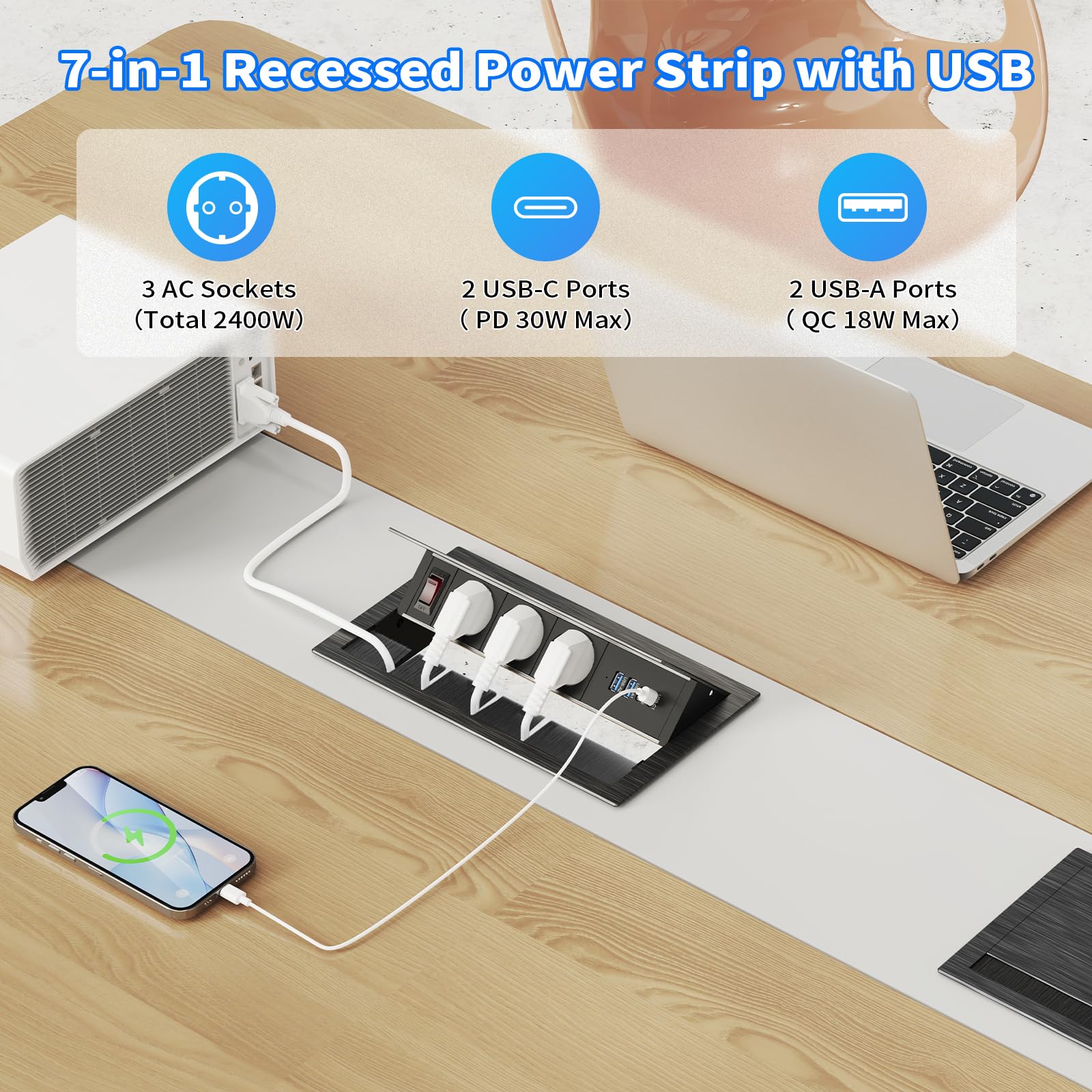 Versenkbare Steckdose mit USB-C PD 30W, 3-Fach, Aluminium, Schwarz | 4 USB-Ports, 2x USB-A QC 18W, Verstellbarer Winkel, Kabelführung, 1,8 m Kabel, Schreibtisch & Küche