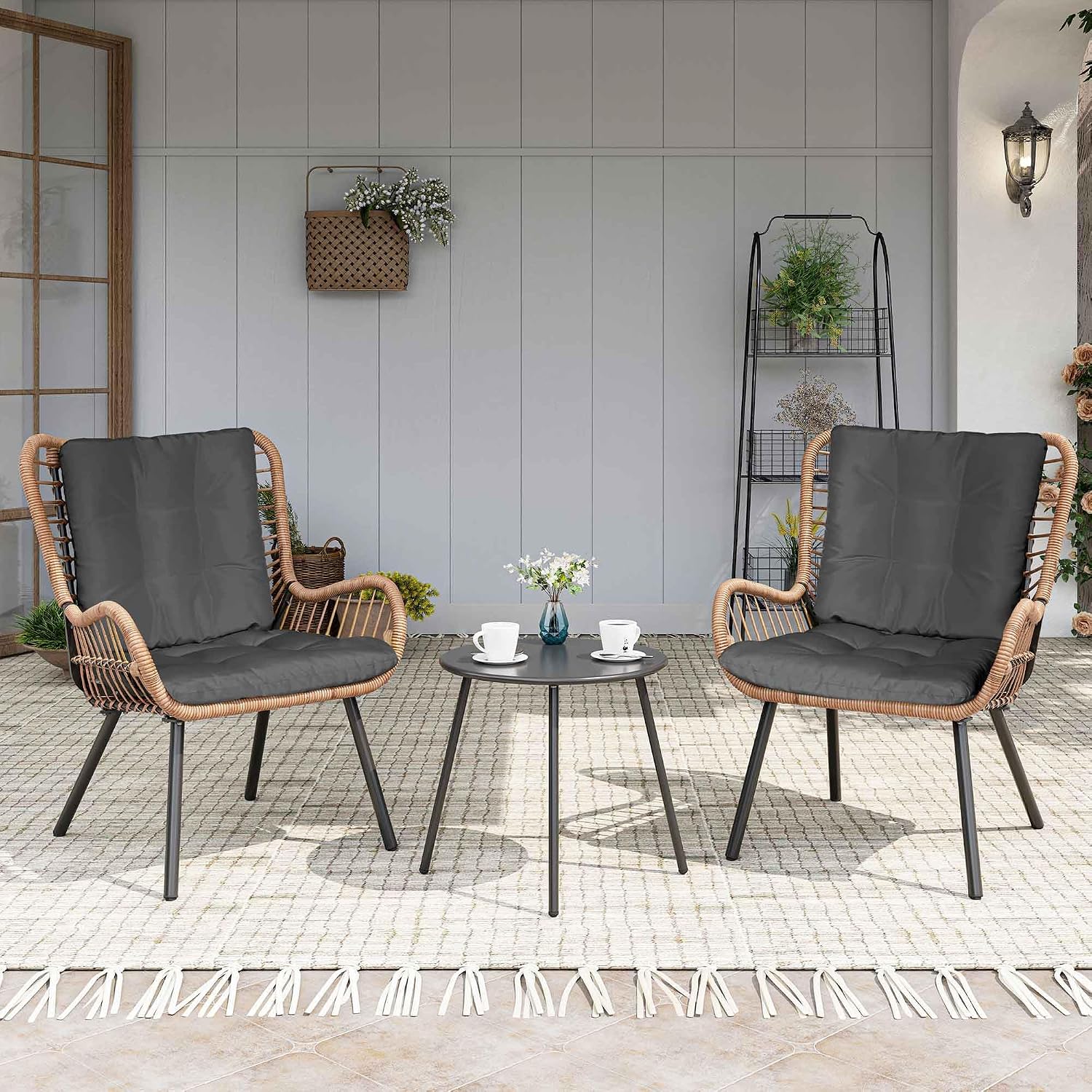 LAUSAINT HOME 3 Piece Outdoor Bistro Set, Small Patio Furniture Set with Coffee Table and Thick Cushions, Front Porch Furniture for Lawn, Garden, Balcony, Poolside, Black