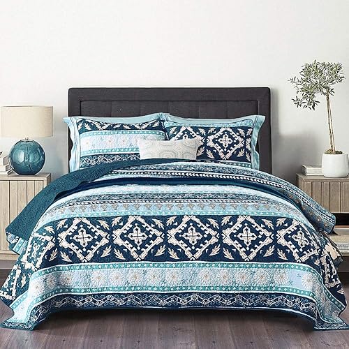 NEWLAKE Cotton Bedspread Quilt Sets-Reversible Patchwork Coverlet Set, Boho Chic Pattern,Queen Size
