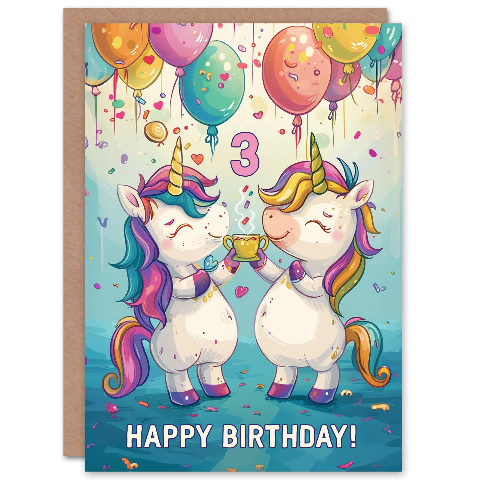 Artery8 - Birthday Card - Rainbow Unicorn Party Balloons - 3rd Year Old Greeting Card