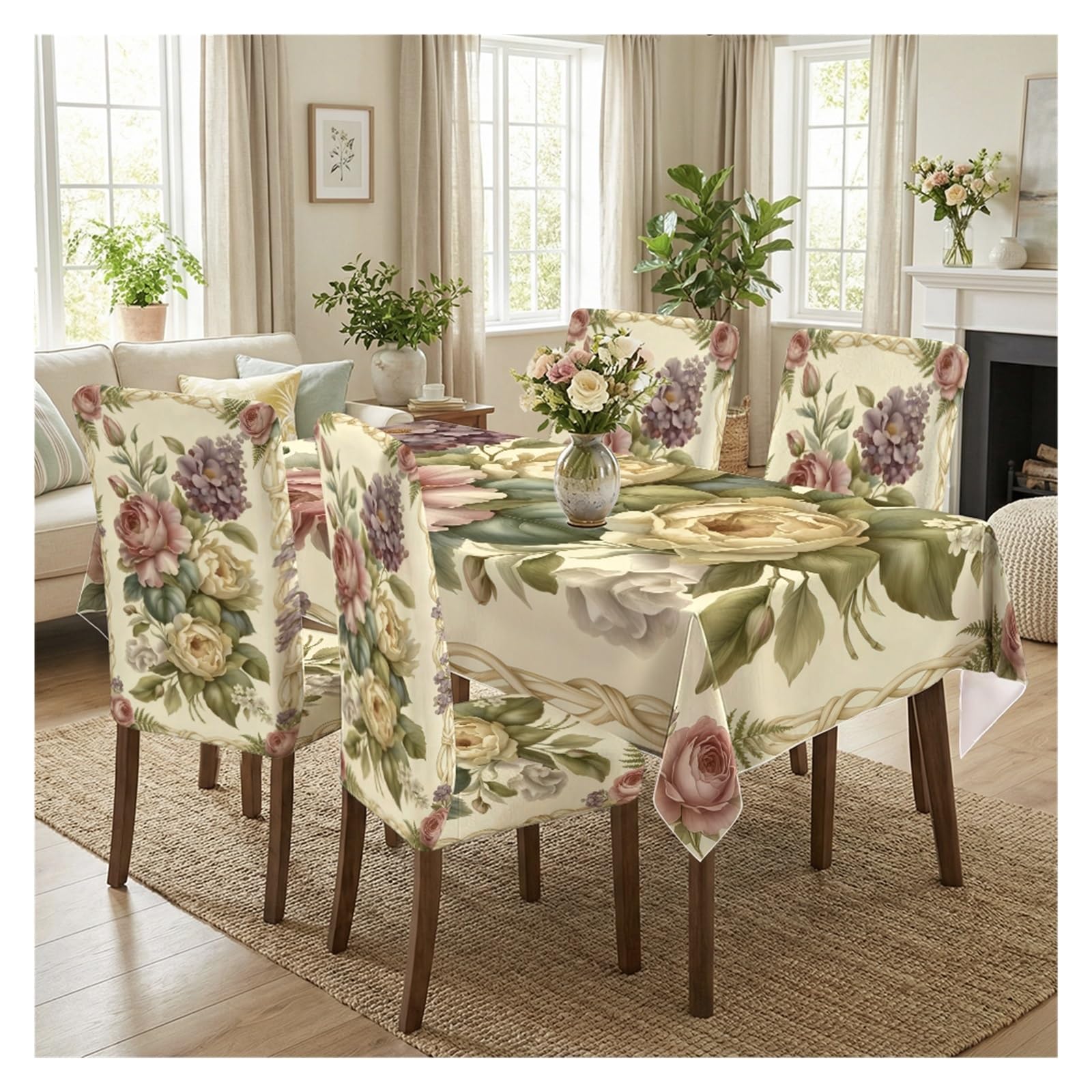 KXUAUV Cream Vintage Rose Hydrangea Floral Print Stretch Dining Chair Slipcover & Tablecloth Set, Cottage Elegant Dining Decor, 5/7 Pack Party Decor(5pcs Set: Tablecloth+Chair Covers)