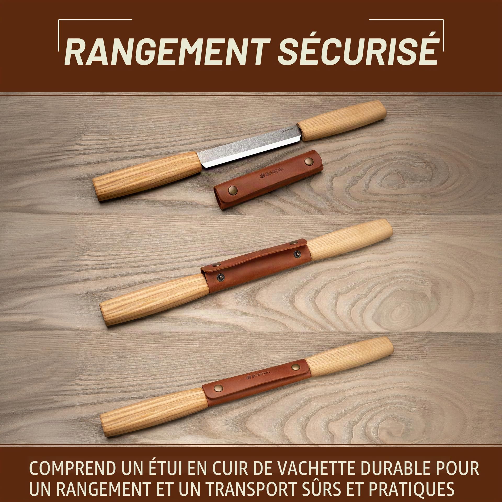 BeaverCraft Couteau à Dégrossir 11 cm Drawknife Sculpture Bois avec Étui en Cuir DK2s, Couteau de Taille pour Façonnage, Sculpture Cuillère, Détail et Travail du Bois, Outils de Whittling