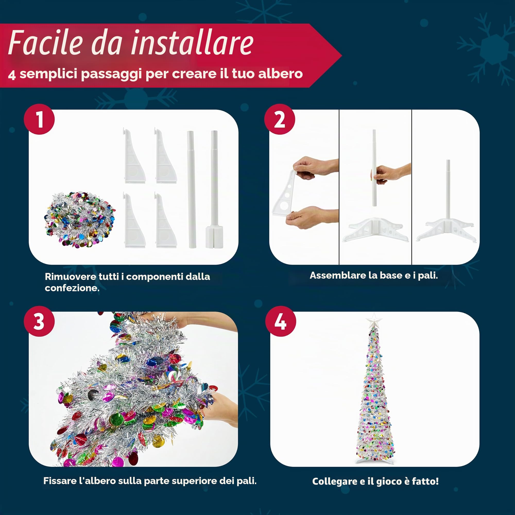 JOIEDOMI Albero di Natale a matita pop-up da 1,5 m con lustrini, luci e stella, decorazioni natalizie pieghevoli con timer per decorazioni natalizie da interno per casa e ufficio