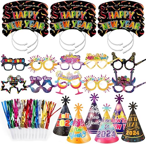 HOWAF Suministros para fiestas de Año Nuevo, 42 unidades, sombreros de cono de Año Nuevo, con flecos, gafas de papel para decoración de fiesta de
