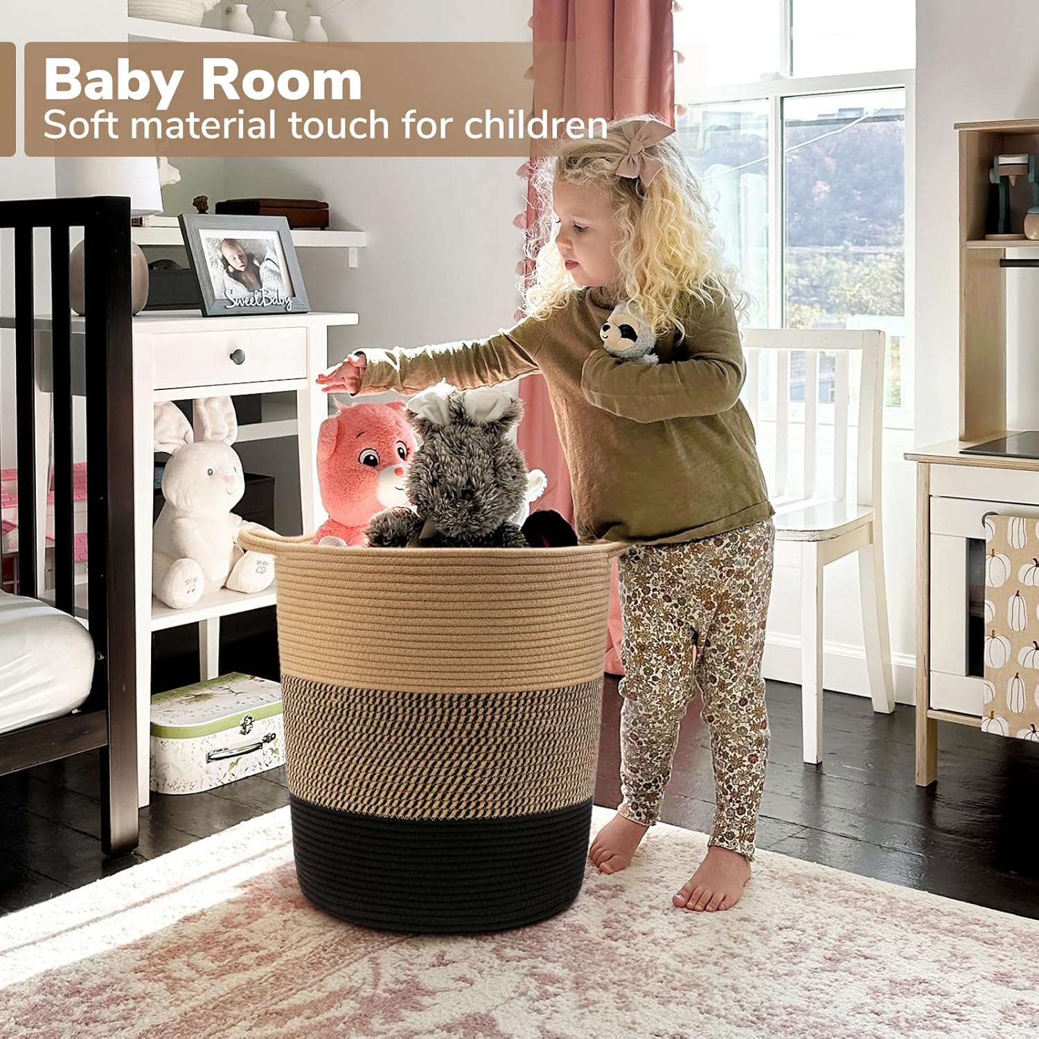 ALBY® Large Rope Basket - Tall Laundry Basket Hamper for Dirty Clothes Woven Jute Storage Basket for Blanket in Living Room Toy Basket for Nursery Storage, 17.8" x 15.8" x 13.8" (BLACCK & JUTE) 1