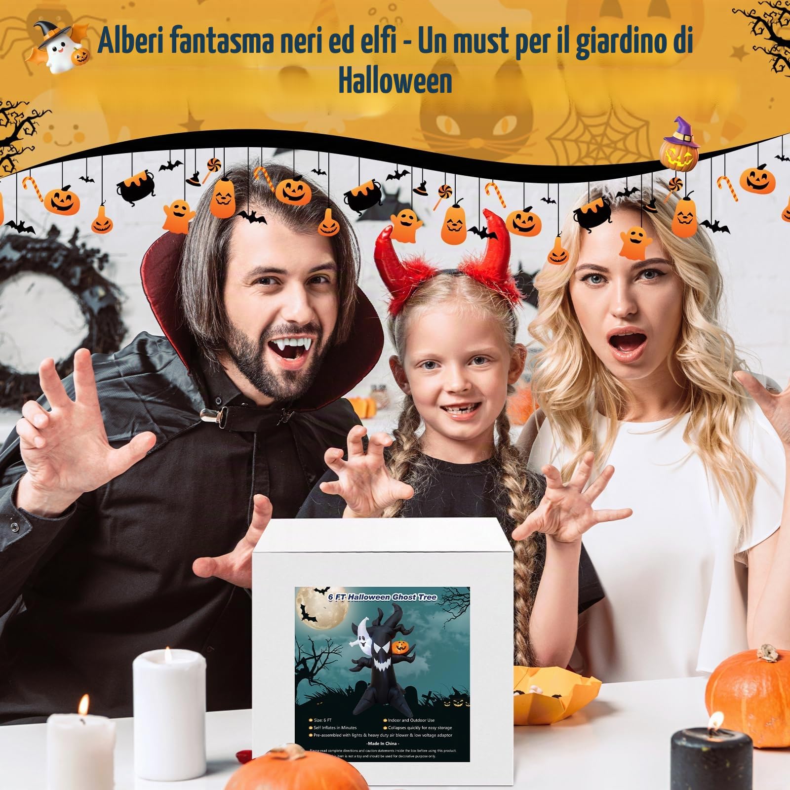 Albero infestato gonfiabile per Halloween, 1,8 m, con fantasma luminoso e zucca a LED, decorazione spettrale per esterni, per cortile, feste, casa infestata, impermeabile, facile da installare