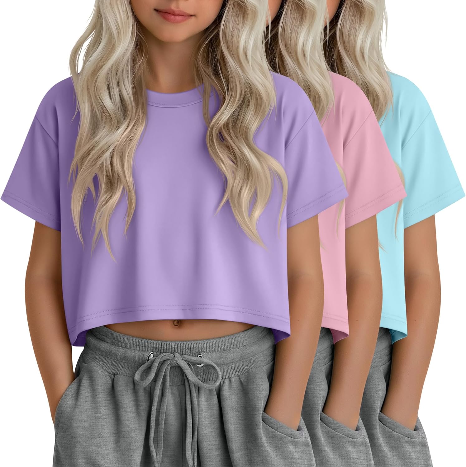 3 Pack Girls Crop Short Sleeve Tops Oversized Crew Neck Summer T Shirts Casual Basic Cropped Kids Tees Size 5-14Y