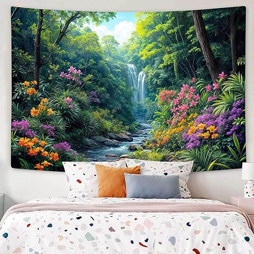 Miniatura 15 de Tapiz de anime japonés negro y rojo, tapiz de bosque de montaña con flor de cerezo para colgar en la pared, tapiz de paisaje de naturaleza asiática