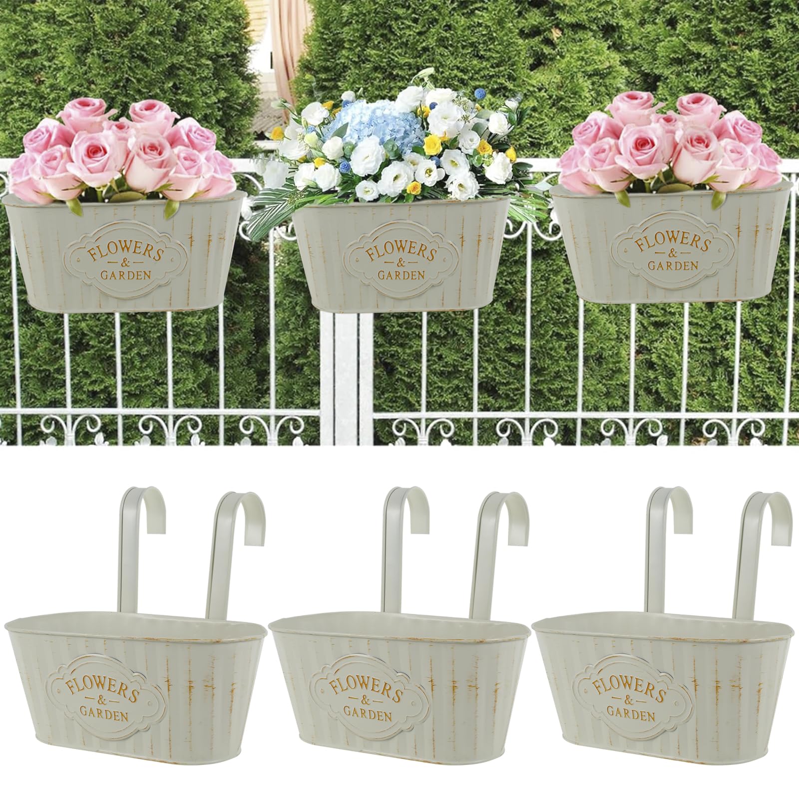 3 Vasi Da Fiori Sospesi In Metallo Ovale – Con Ganci E Drenaggio, Per Ringhiera Balcone, Colore Crema