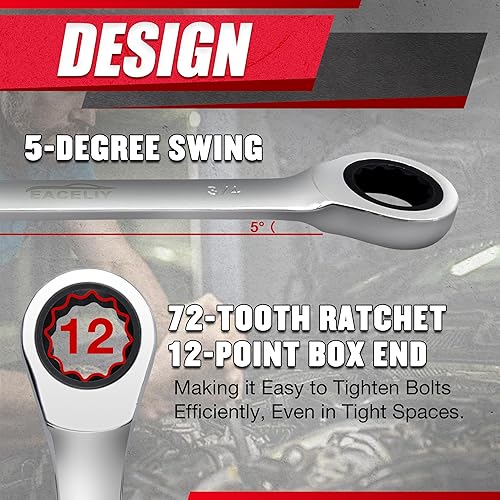 Miniatura 6 de Juego maestro de 26 llaves de trinquete, juegos de llaves combinadas, juego de llaves métricas y SAE, 14 a 78 pulgadas y 0.236-0.748 in, 72 dientes,