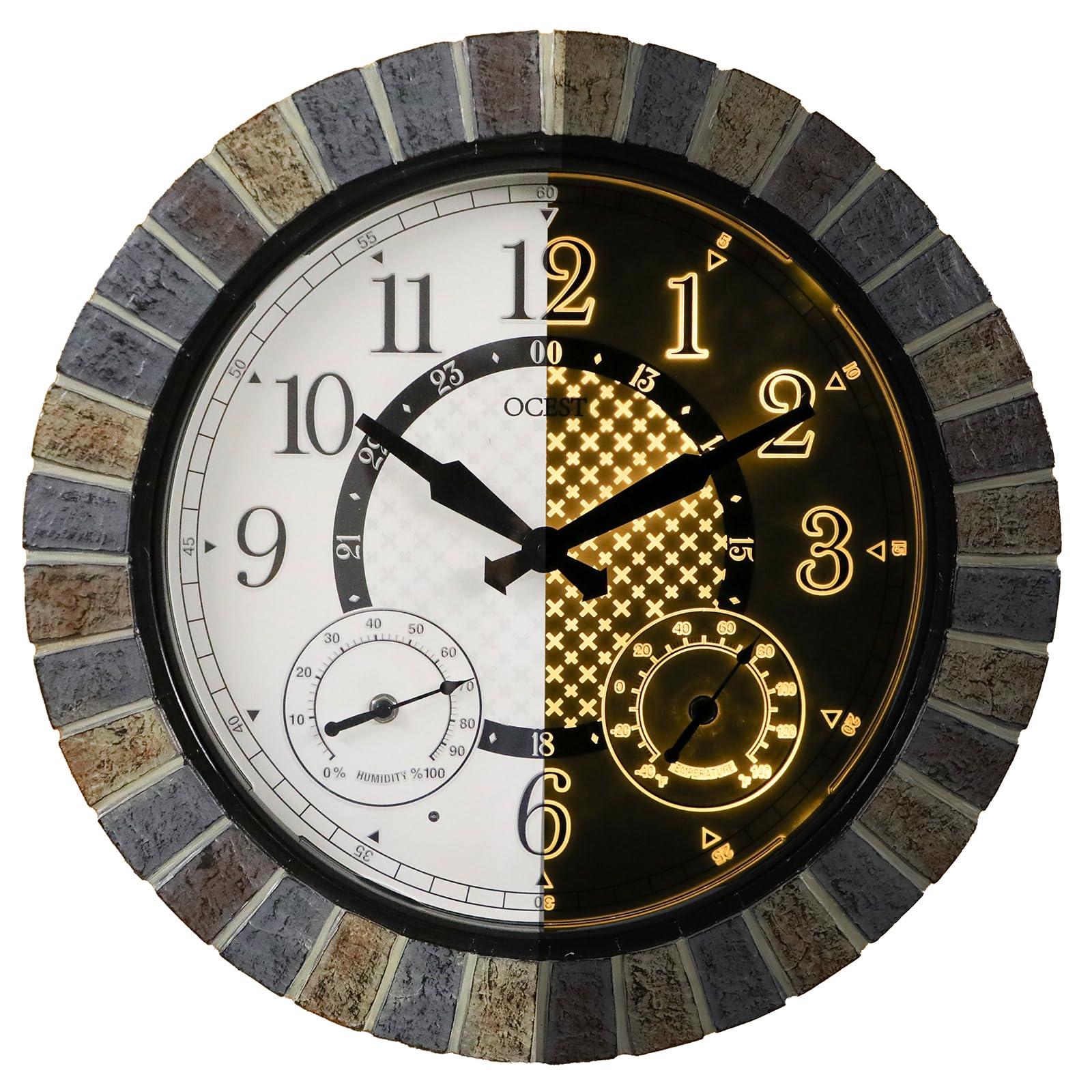 Grande horloge murale extérieure étanche lumineuse avec thermomètre hygromètre à piles