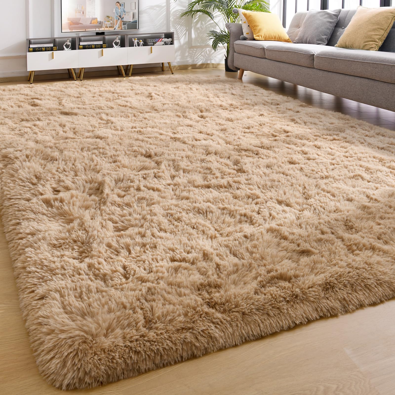 YJ.GWL Area Rugs for Living Room Bedroom, 6x9 Machine Washable Large Beige Carpet, Soft Fluffy Shaggy Thick Big Shag Indoor Floor Rug for Kids Boy and Girls Room Dorm Home Decor Aesthetic