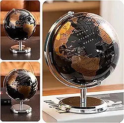 Globo Terrestre Giratório Preto Decorativo Base de Metal Enfeite Educativo para Mesa Presente Mapa Mundi Terrestre Planeta Terra Decoração Vintage Clássica Escritório Sala Quarto Loja Geopolítico