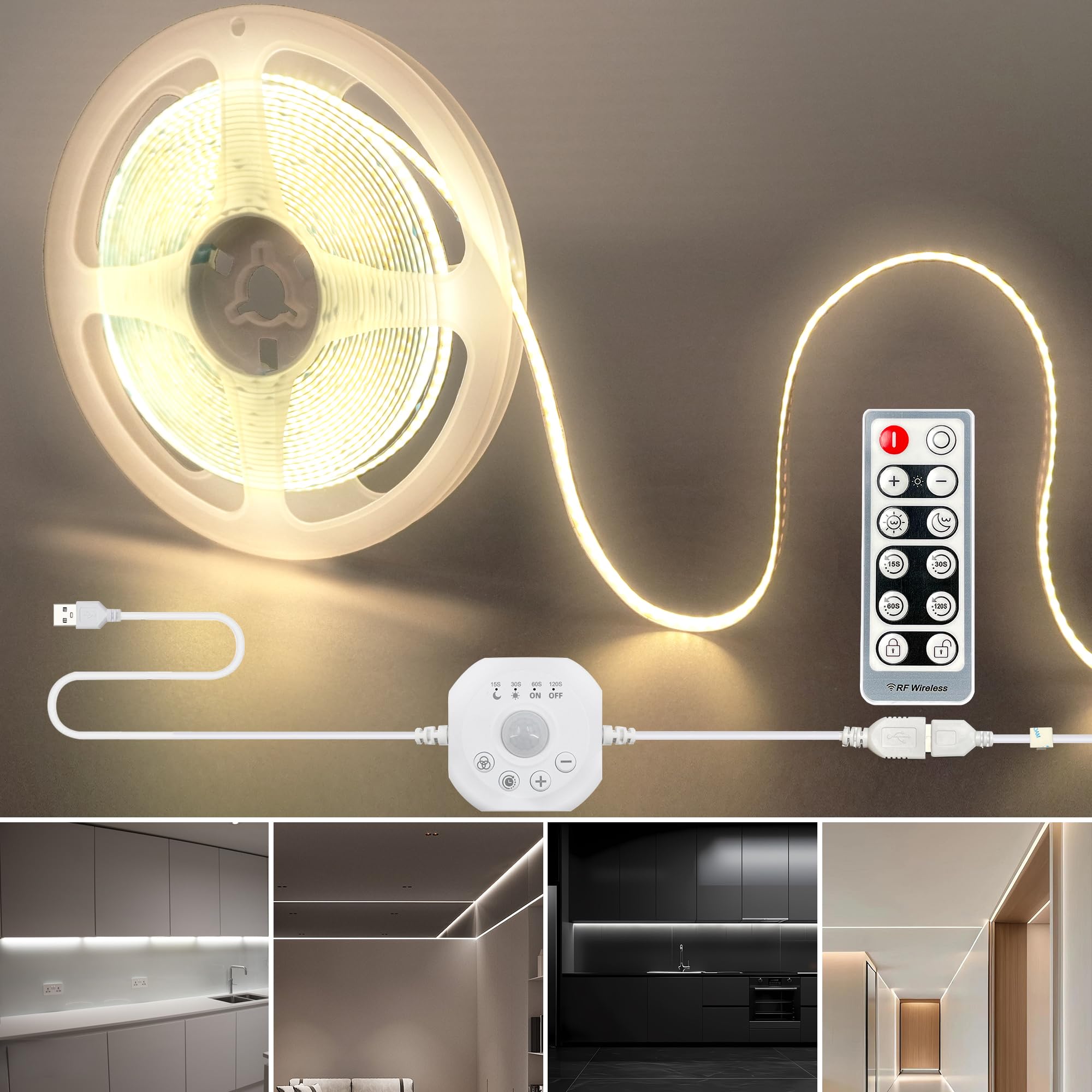 Clearhill 5V USB COB LED Strip Light with Motion Sensor & Remote Control,9.84FT/3M,Natural White 4000K,8mm Width,Day or Night 2 Lighting Modes,Time-delay and Brightness Adjustable,for Closet,Kitchen