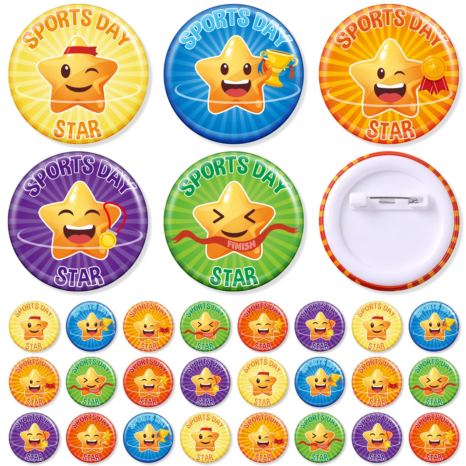 Tenare 24 Pack Sports Day Star Badges, 3.8cm Safety Pin Award Badges, 6 Designs Reusable Plastic Star Pins for School Sports Day, PE Competitions, Classroom Graduation Awards Gifts, Student Incentives