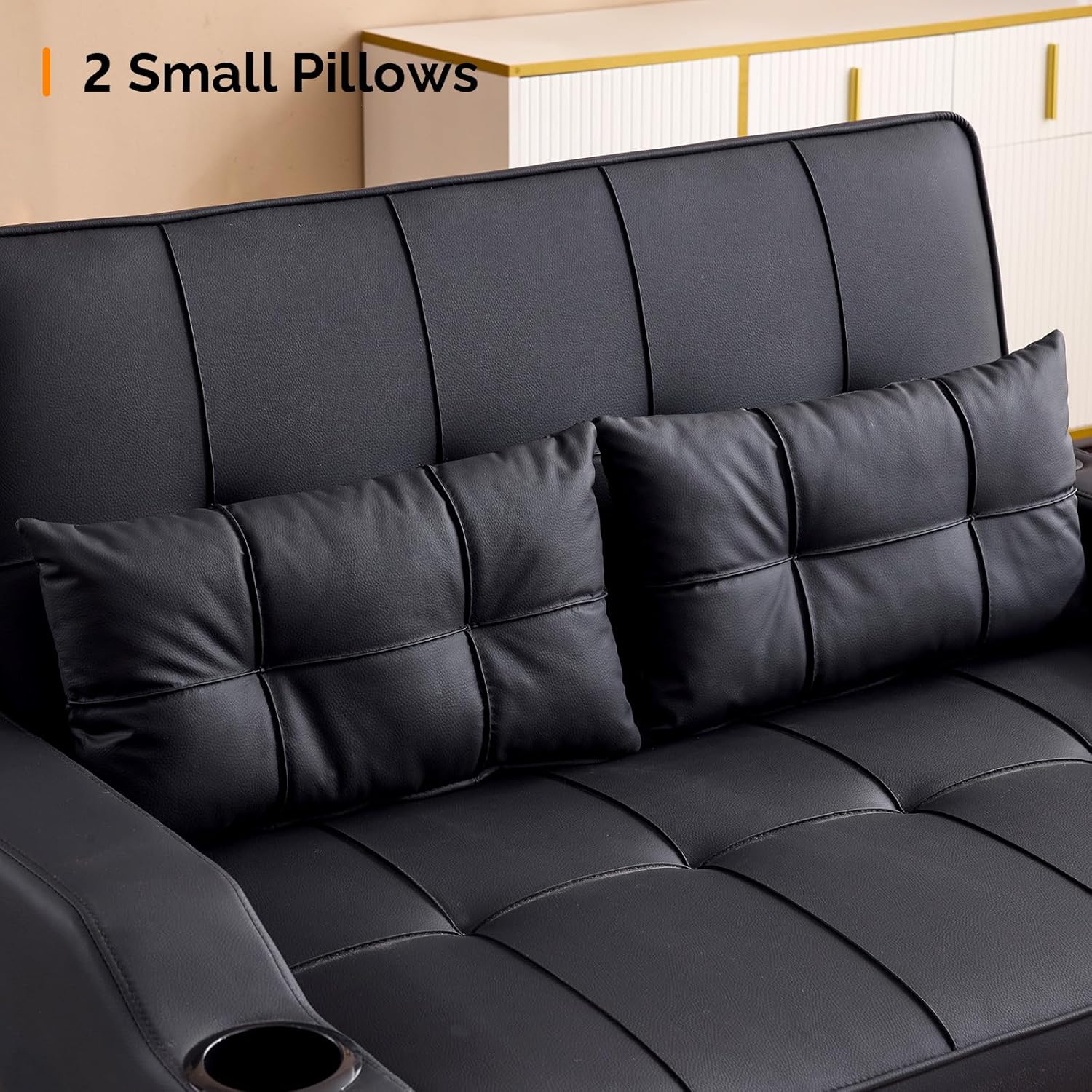 Close-up images showing the two cup holders, two USB charging ports, side pocket for storage, and the easy-to-clean faux leather surface of the loveseat.