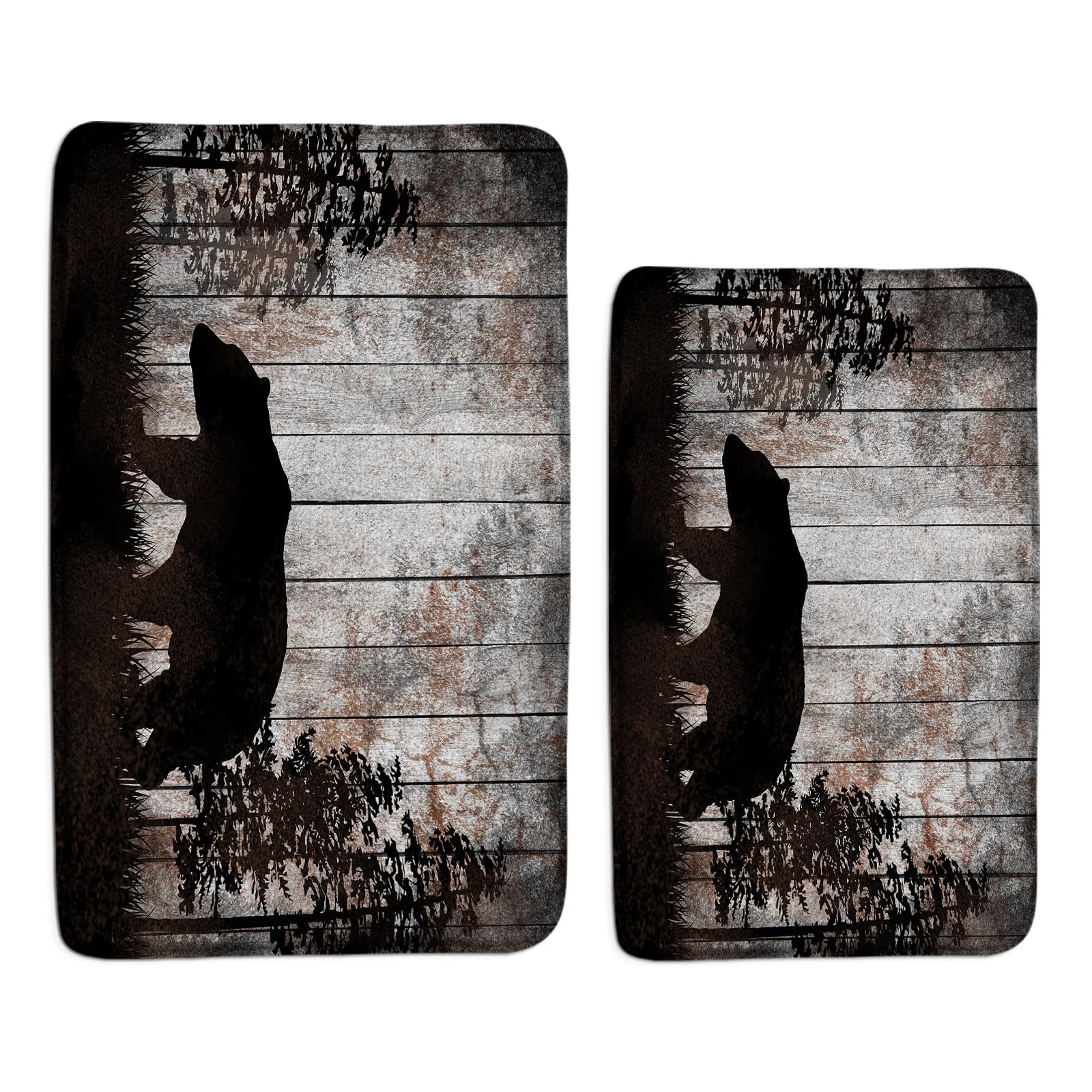 ZKJSMGS Rustic Bear Bath Rug Wildlife Bear Pine Vintage Wooden Board Tree Forest Cabin Camping Retro Country Brown Black 24x36 and 24x48 Inch Bath Mat