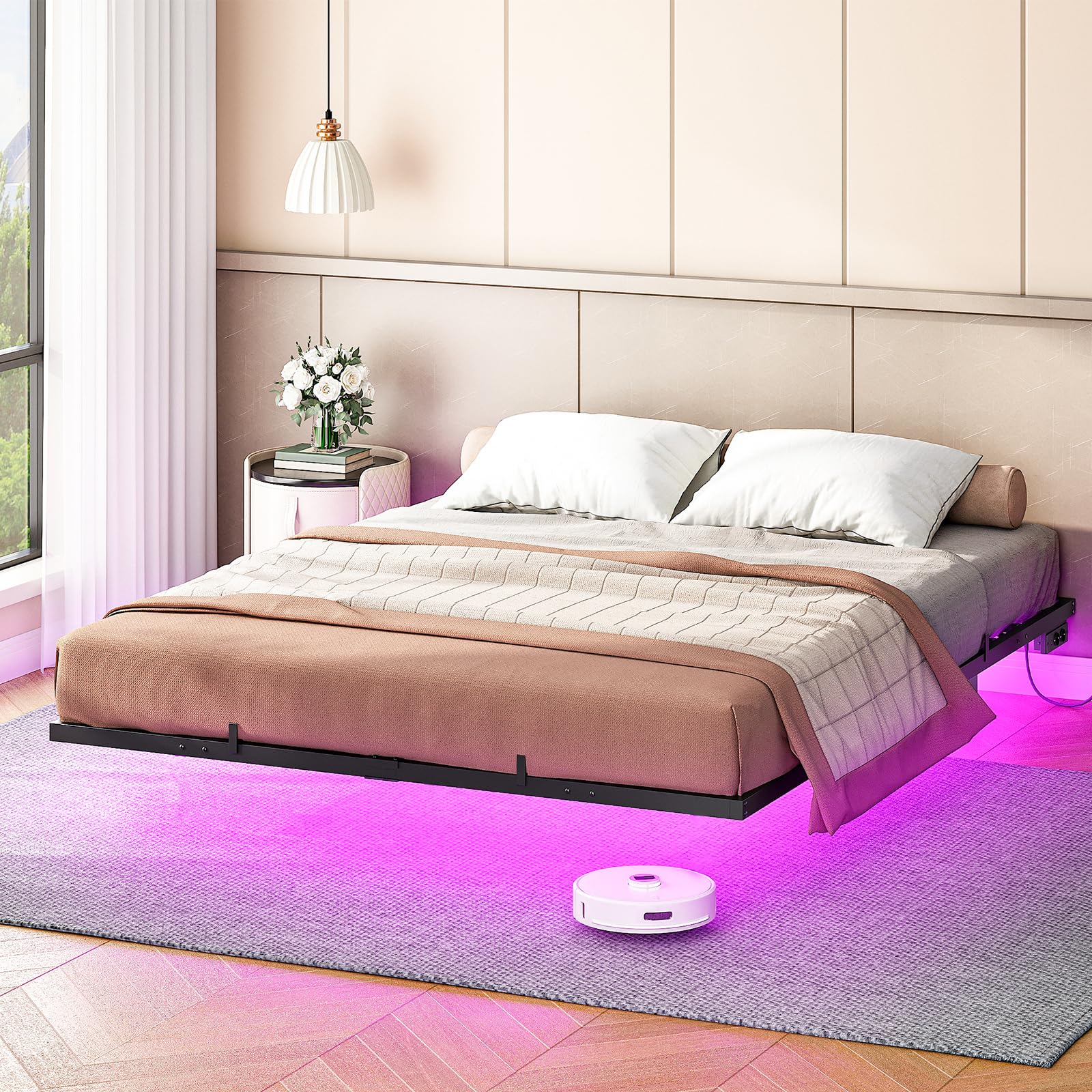 HOOBRO Bettgestell 180 x 200, Bett mit LED Beleuchtung und Ladestation, Schwebender Bettrahmen mit Lattenrost, Metallbett 180 x 200, Doppelbett(Ohne Matratze), für Schlafzimmer, Schwarz EBK024CDBF01