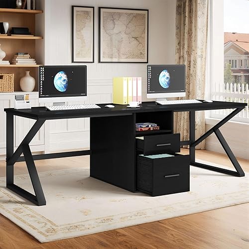 Miniatura 6 de IBF Escritorio negro para computadora con cajón de archivos, escritorio para 2 personas con estante de gabinete de almacenamiento, oficina moderna y