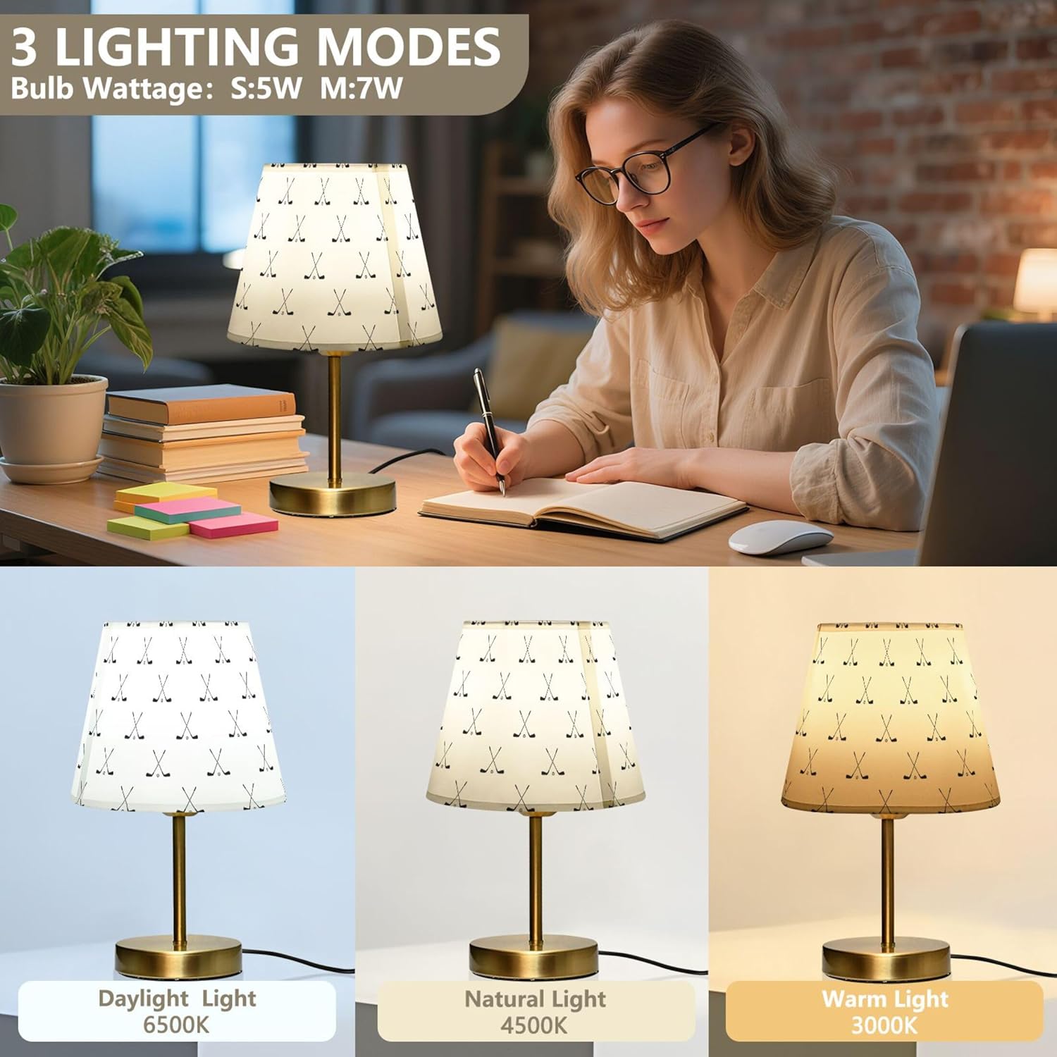 Crossed Golf Clubs White Dimmable Table Lamp Night Light Bedroom Lamps for Nightstand Living Room Dorm Home Office Desk, LED Bulb Included, S