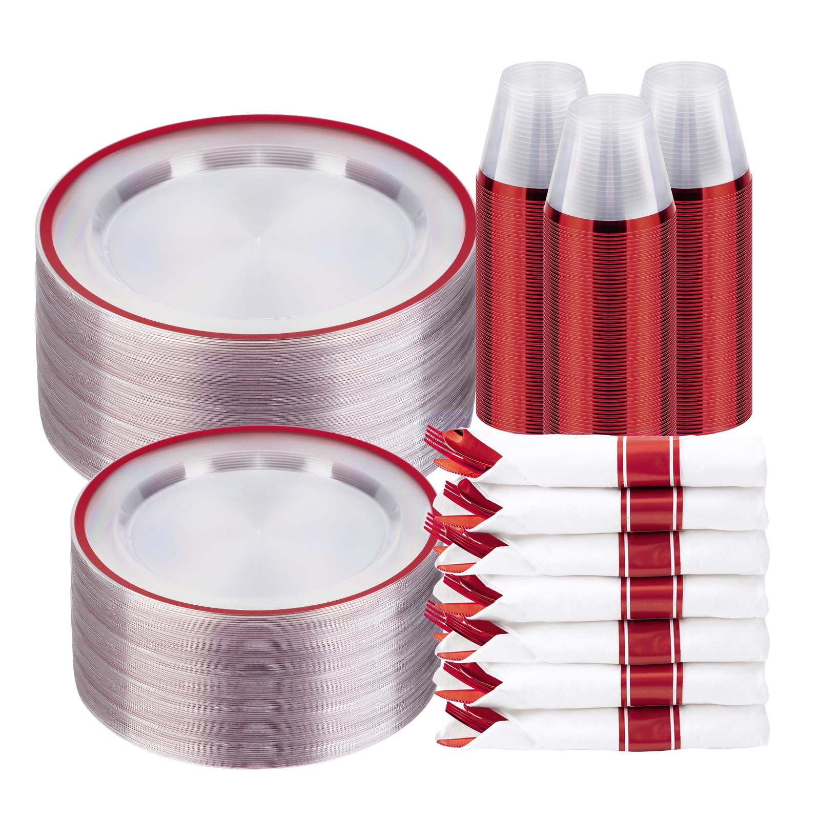 BESTSTAR 350PCS Clear and Red Disposable Plates Set for 50 Guests, 100 Plastic Plates, 50 Plastic Cups, 50 Pre-Rolled Napkins with Cutlery for Party,