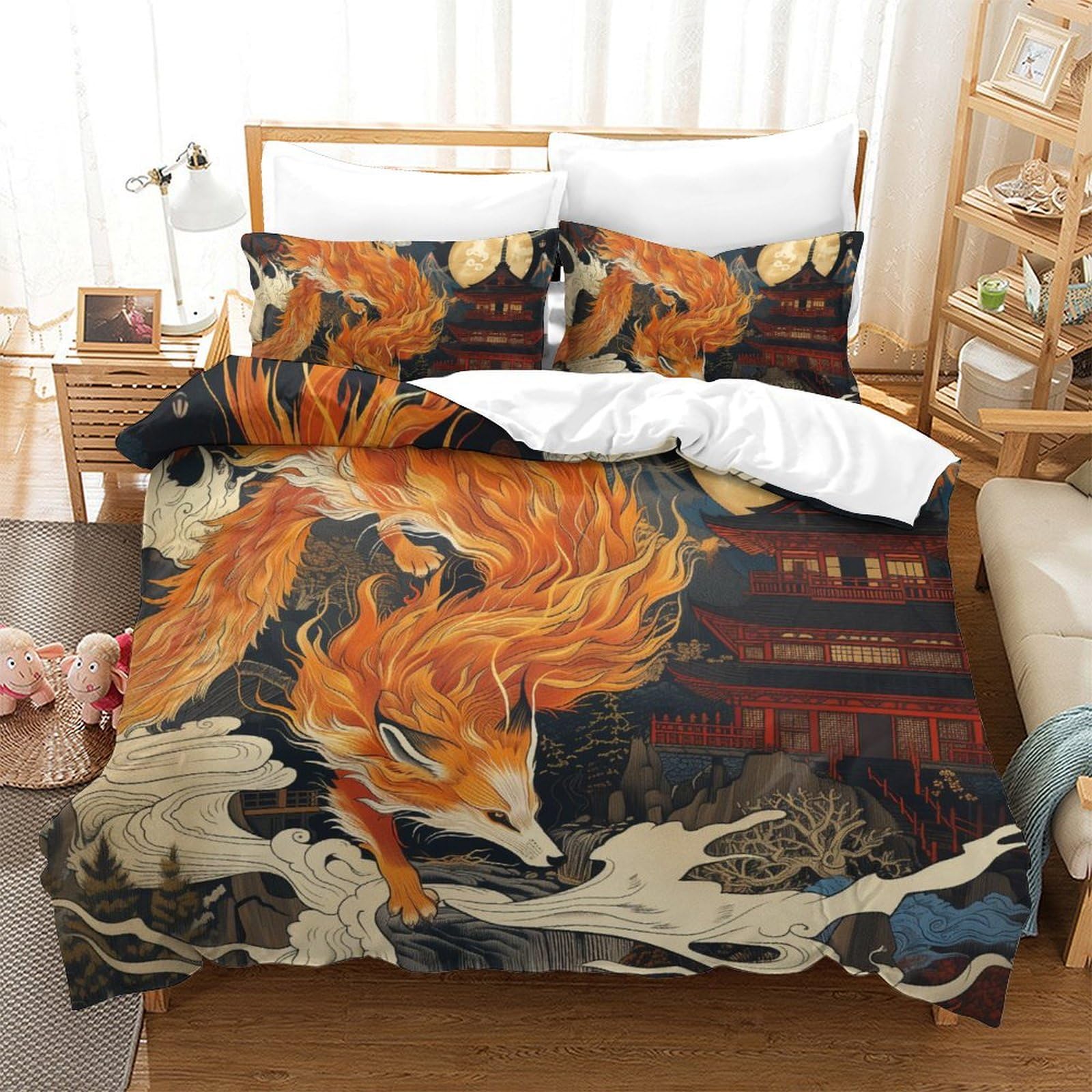 Housse de couette fox 3D 220x240 cm avec taies d'oreiller en microfibre pour lit king size