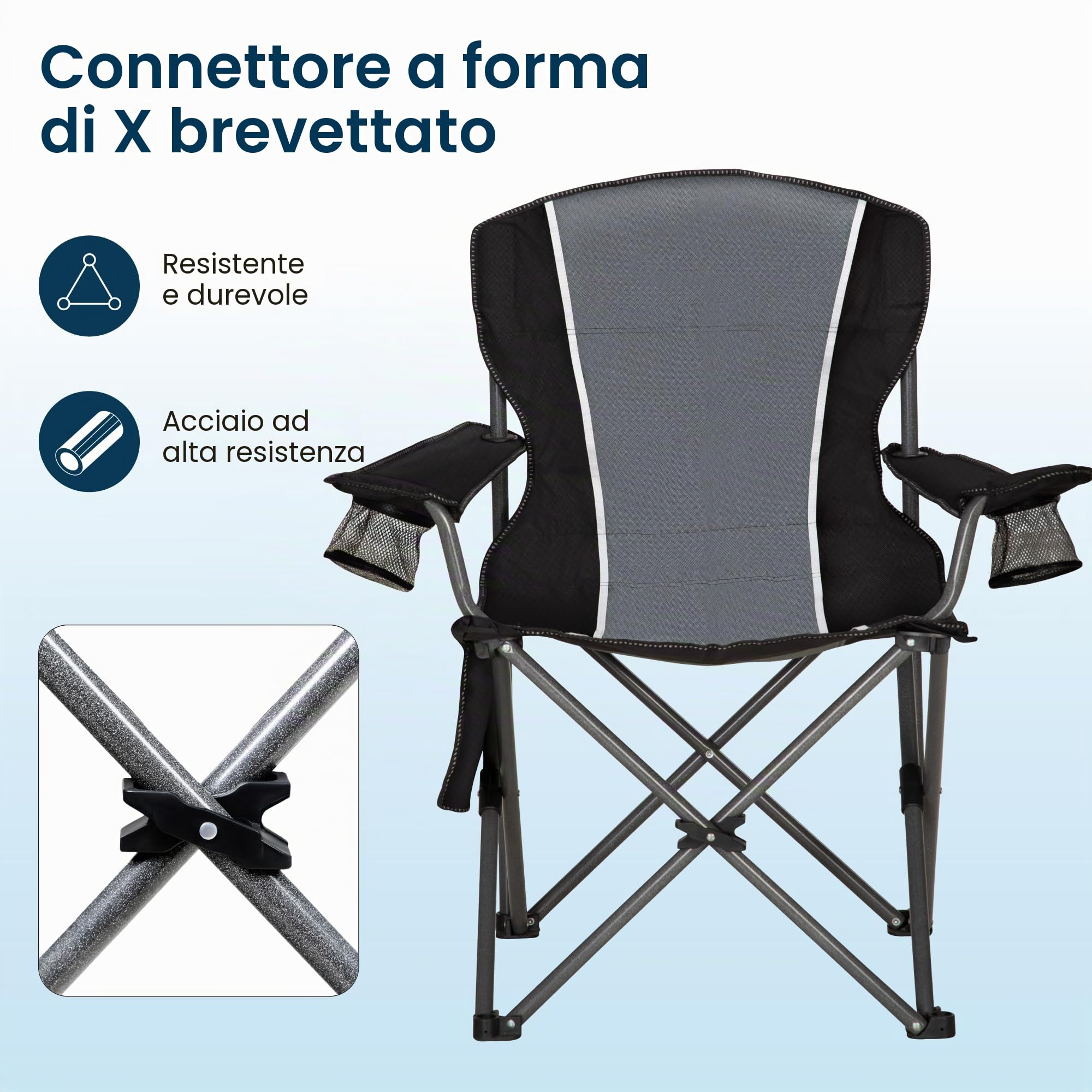 HIGH POINT SPORTS Sedia Pieghevole da Campeggio Nero-Grigio 160KG Sedia da Campo Portatile e Resistente con Portabicchieri Sedia da Pesca