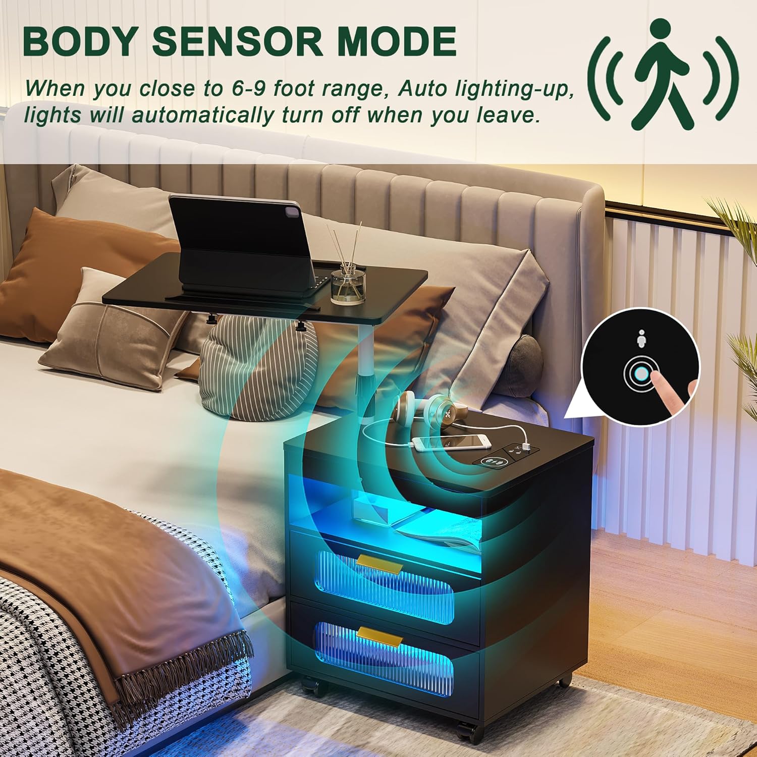 HNEBC Nightstand with Wireless Charging Station, LED Nightstand Has Adjustable Rotary Workstation,Smart Night Stand with 2 Drawers,Modern Bedside Table for Bedroom, Sensor Light/Wheel (Black)