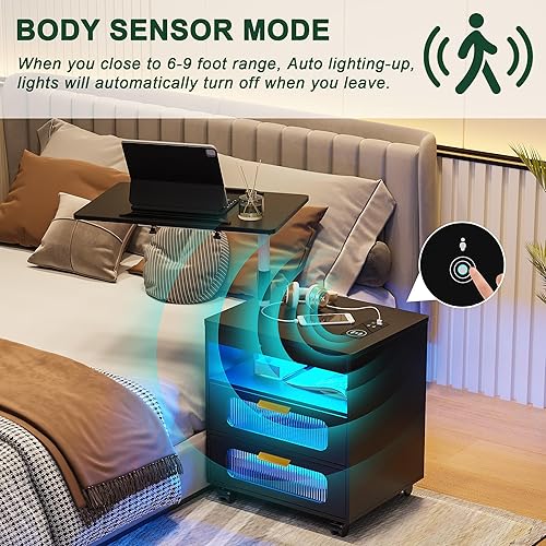 Miniatura 5 de HNEBC Mesita de noche con estación de carga inalámbrica, la mesita de noche LED tiene una estación de trabajo giratoria ajustable, mesita de noche