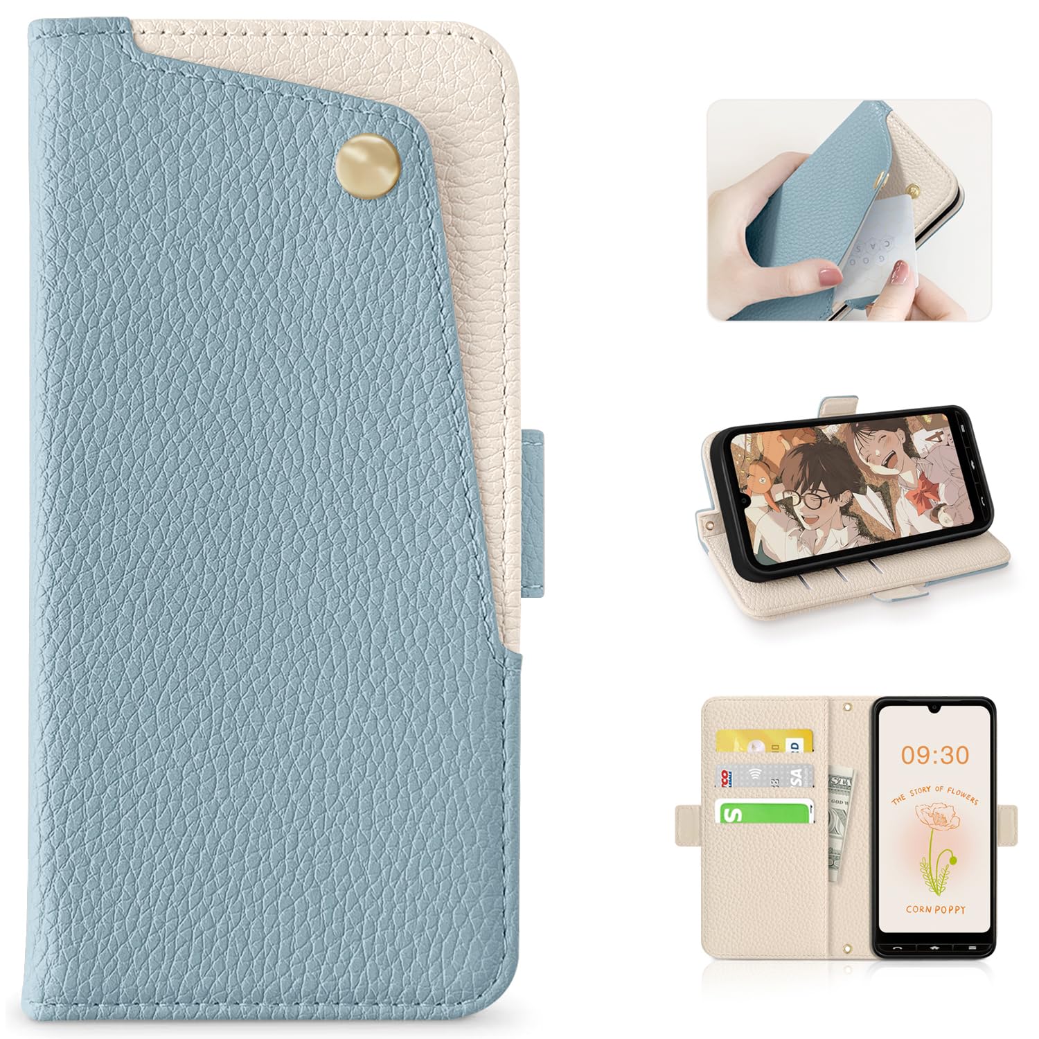 CASSYOOK for basio active3 ケース 手帳型 ベイシオアクティブ3 ケース 財布型 カードポケット付き basio active3 スマホケース 全面保護 basioアクティブ3 ケース カード収納 横置きスタンド機能 高級PUレザー おしゃれ 上質な手触り 擦り傷防止(ブルー)