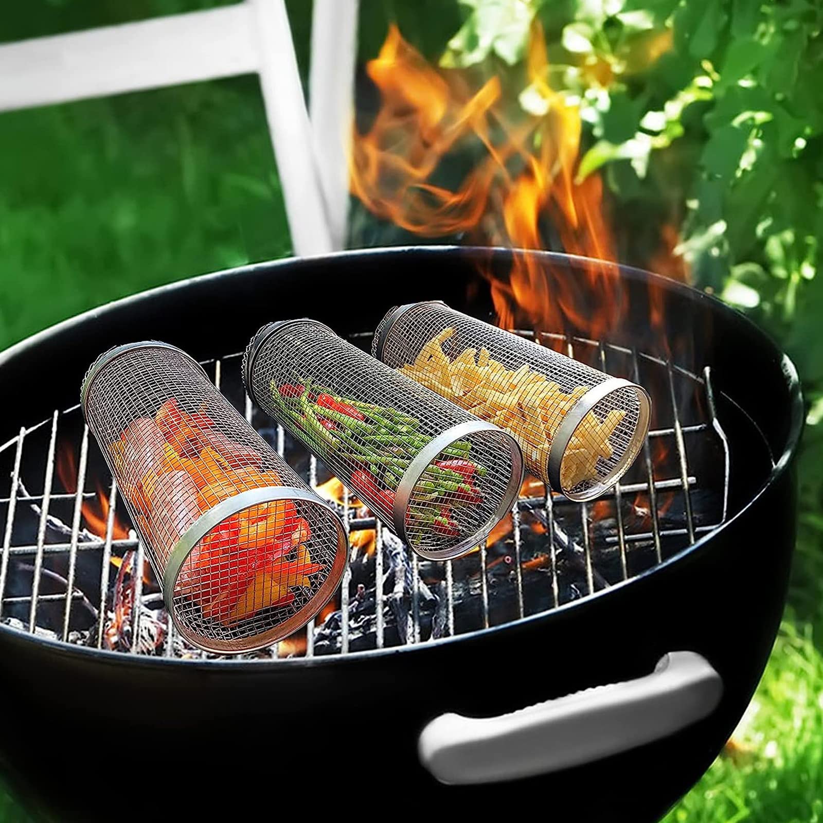 Amazon.co.jp: 2個ローリングBBQグリルバスケットステンレススチール