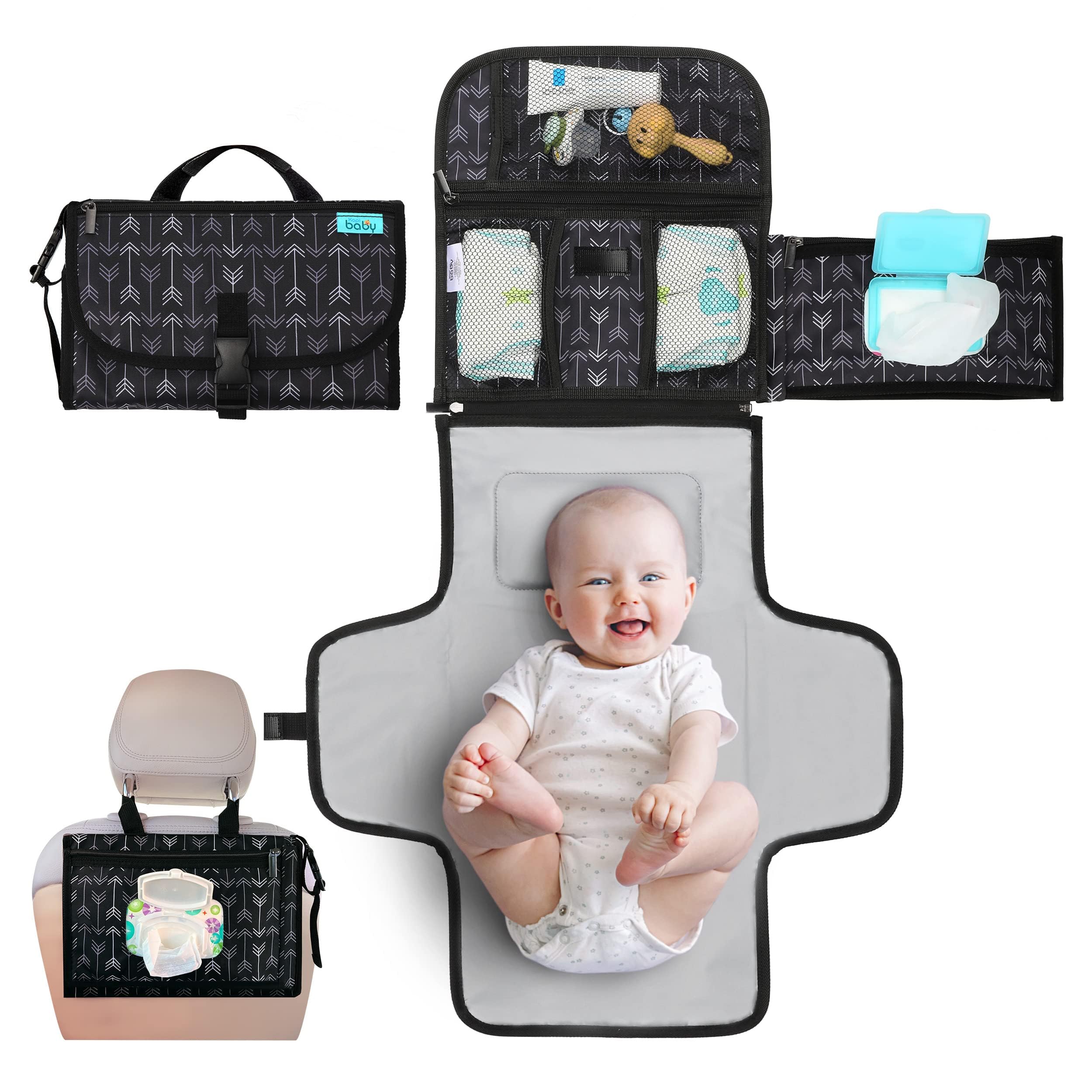 Portable Diaper Changing Pad for Baby – Travel Diaper Changing Mat with Wipes Pocket & Built-in Pillow, Foldable Baby Diaper Clutch Bag for Newborn Girl Boy, On-the-Go Infant Changing Station