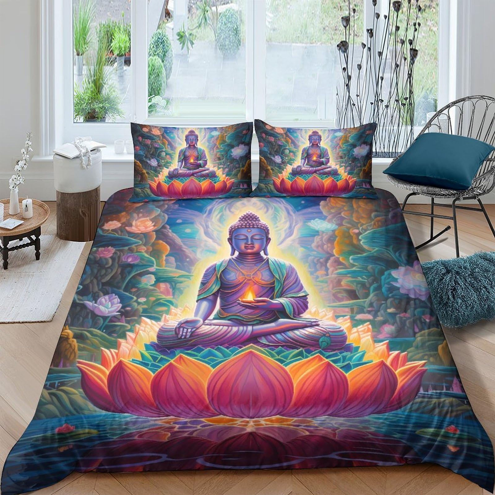 Ctjqhvkz Style-2 3D Printed Buddha Lotus Fitted Sheet Microfiber Soft Artistic Mandala Bed Cover For Bedroom Guest Room Decor Single（135X200cm）