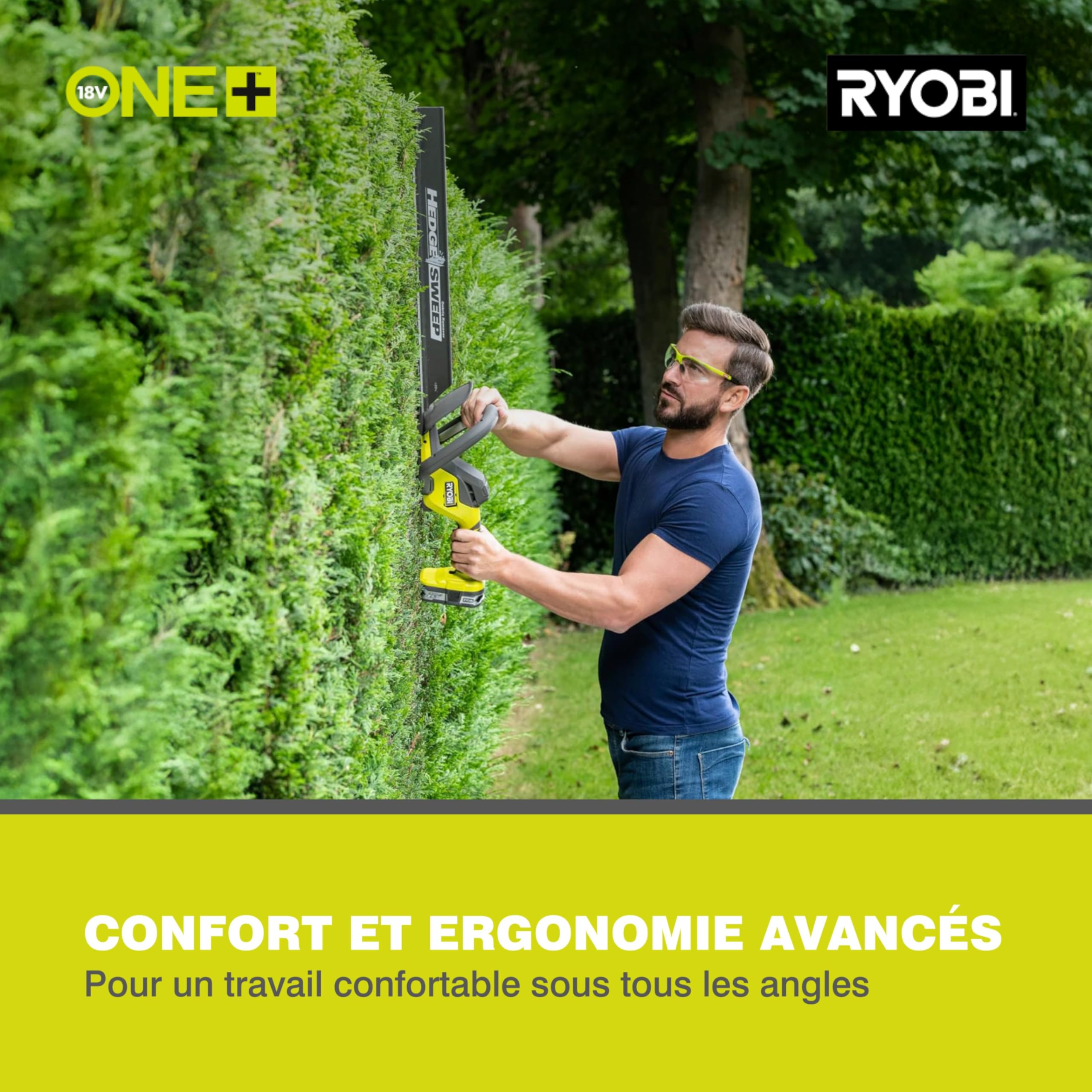 RYOBI - Cortasetos 18V One+ con Batería 18V One+ 2,0 Ah y Cargador 1,5A - Espada 55cm, Capacidad máx. 24mm, Velocidad 2700 RPM - Recogedor de Residuos HedgeSweep, Funda Protectora - RY18HT55A-120