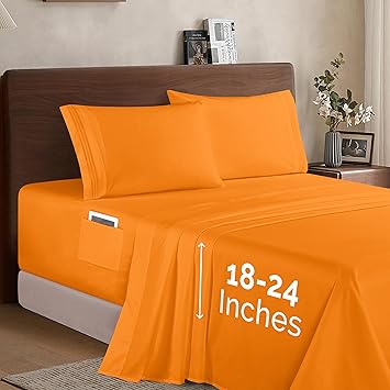 Elegant Comfort Luxury 1500 Premium Hotel Quality Microfiber 4-Piece Sheet Set - Soft, All Around Elastic 18-24 Inches Deep Fitted Sheet - Extra Deep Pocket Sheets, California King, Elite Orange